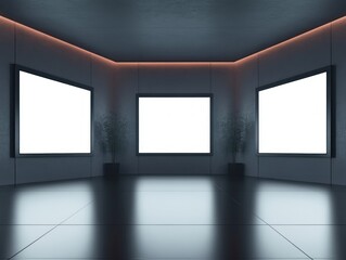 Modern sleek gallery room with three large illuminated blank rectangular screens on walls and soft ambient ceiling lighting, polished reflective floor and potted plants