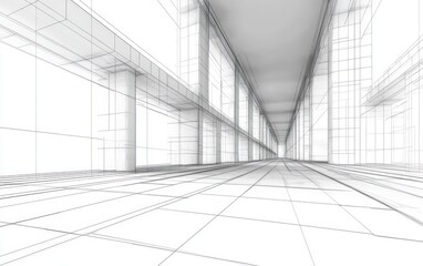 wireframe architectural corridor with repetitive rectangular columns and windows extending into perspective conveying depth and spaciousness