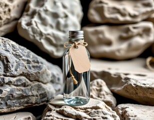 Obraz premium Minimalist Glass Water Bottle Natural Stone Surface