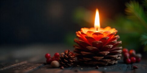 Close up Macro of Pine Cone Candle Flame An extreme macro shot focusing on the intricate details of a lit pine cone candle. The flame is the central element, emitting a warm, soft glow. The textured