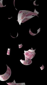 Money rain 100 yuan china banknotes money falling down. RRC currency. 3D render. Animation. paper money bills falling. Business and finance black portrait background