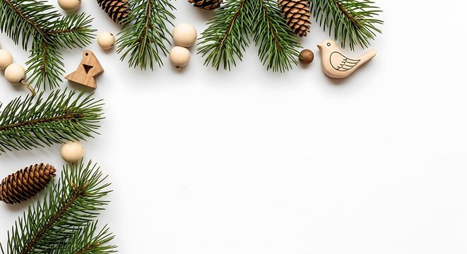 A festive arrangement of pine branches, pinecones, and wooden Christmas ornaments on a white background. - Powered by Adobe