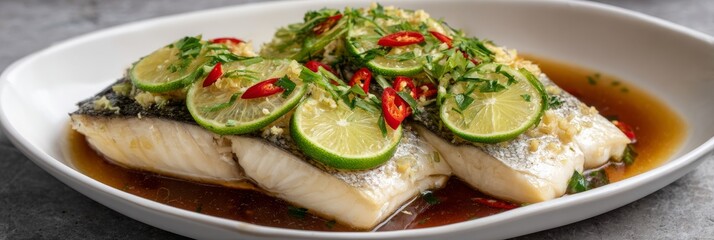 Close-up of steamed sea bass with lime and chili, subtle steam effect, white plate, light grey smooth background, soft directional lighting.