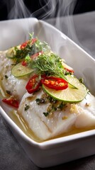 Gourmet steamed sea bass fillet, delicate lime slices and chili, gentle rising steam, arranged on white plate, minimalist light grey background, soft natural light.
