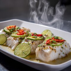 Gourmet steamed sea bass fillet, delicate lime slices and chili, gentle rising steam, arranged on white plate, minimalist light grey background, soft natural light.
