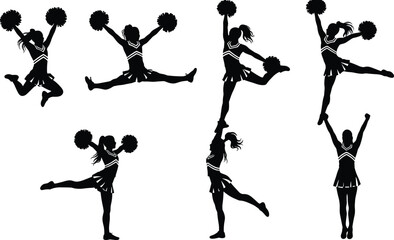 Cheerleader silhouettes performing energetic jumps, splits, and pom‑pom routines with teamwork, spirit, athleticism, celebration, coordination, and dynamic cheerleading illustration