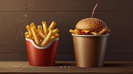 Delicious burger and crispy french fries in paper cups on wooden table