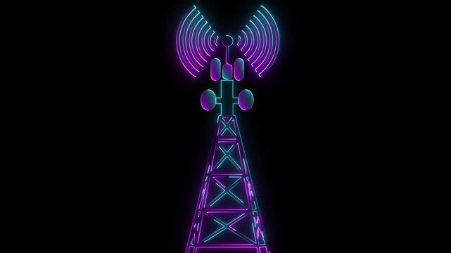 Neon glowing Telecommunication cell tower transmitting signals. High telecommunication tower standing in world.