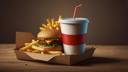 Classic burger fries and drink combo meal on wooden table