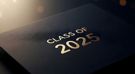 Elegant gold foil text 'Class of 2025' embossed on a dark, textured diploma cover for a graduation ceremony.