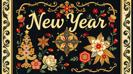 Ornate Traditional Folk Art New Year Greeting Card Gold Floral Christmas Background_8