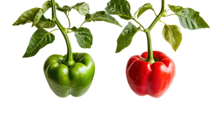 Green and red bell peppers growing on the vine isolated on transparent background