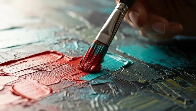 Close-up of an artists hand painting with a brush on a canvas, mixing vibrant colors.