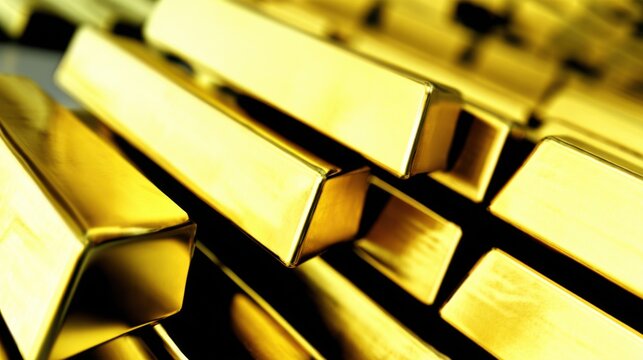 Golden Bars Stacked: A close-up shot of gleaming, golden bars stacked together. These assets represent wealth and stability, showcasing the enduring value of precious metals. 