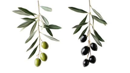 Two olive branches with green and black olives isolated on transparent background