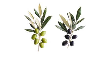 Two olive branches with green and black olives isolated on transparent background
