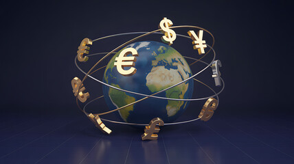 Global finance with currency symbols around the world