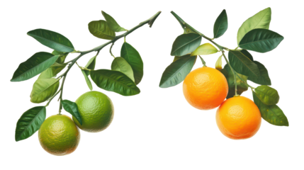 Two branches with unripe green and ripe orange citrus fruits isolated on transparent background