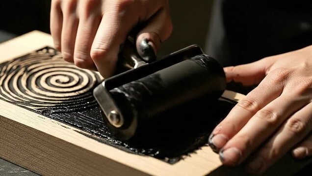Close-up of hands applying black ink to a carved wooden block with a brayer for printmaking.