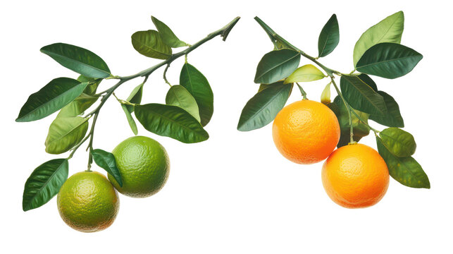 Two branches with unripe green and ripe orange citrus fruits isolated on transparent background