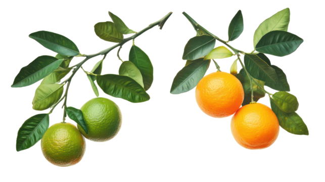 Two branches with unripe green and ripe orange citrus fruits isolated on transparent background