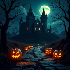 Halloween pumpkins on road with medieval castle. At Moonlight - Jack O Lantern In Spooky Night