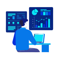 Vector illustration of focused man analyzing charts and financial data on multiple computer monitors in a modern office, representing analytics, trading, and business intelligence