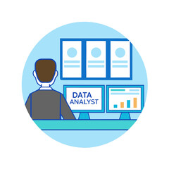 Vector illustration of focused man analyzing charts and financial data on multiple computer monitors in a modern office, representing analytics, trading, and business intelligence