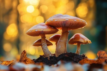 Close-up of orange mushrooms growing from dark soil surrounded by dry leaves with warm golden bokeh background in forest