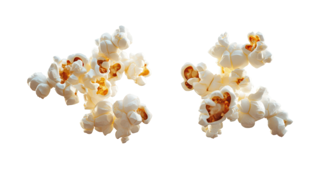 Two clusters of popcorn isolated on transparent background