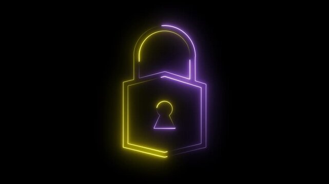 animation with neon glowing lock icon, Rotating lock and shield icon hologram with abstract scrolling computer code in background. Concept of data encryption and cybersecurity.