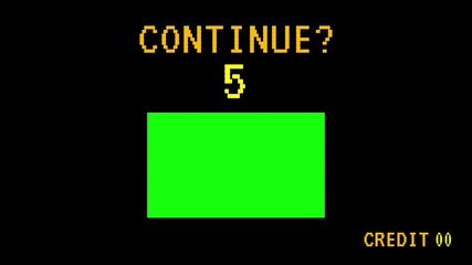 Retro arcade game countdown from ten to zero with a green screen area and game over text at the end.  Vintage or classic arcade end game screen with retro style. 4K video text animation for gaming. - Powered by Adobe