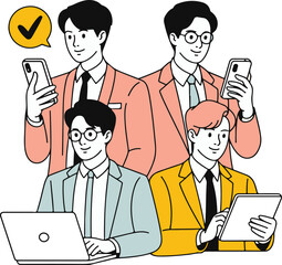Four men in suits using technology with a check mark bubble business laptop vector illustration EPS file download.

