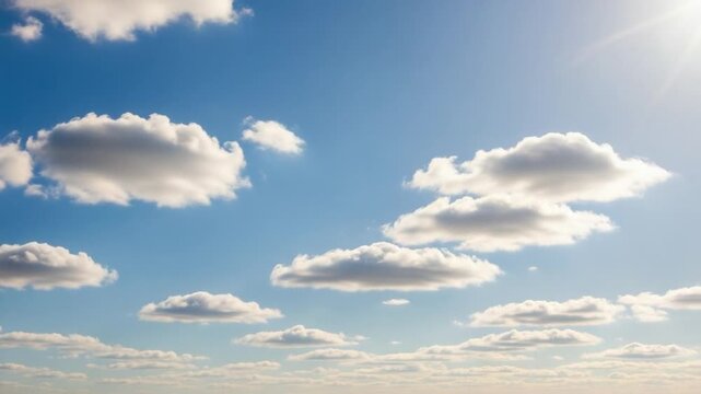 Bright Blue Sky With Scattered Fluffy White Clouds And Sunlight Shining From The Upper Right Corner