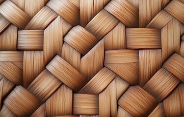 Obraz premium Close-up of an intricately woven natural fiber basket with a repeating pattern of overlapping strips creating a textured surface