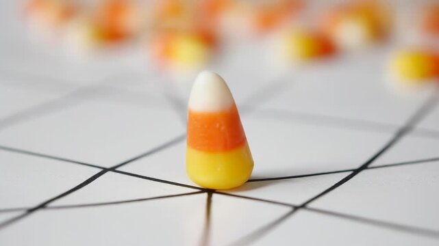 Closeup of a single candy corn sweet with a shallow depth of field on a white background with abstract lines
