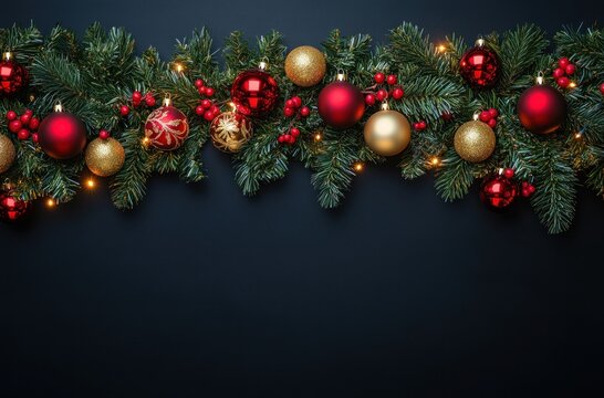 Festive Christmas garland made of green pine branches decorated with red and gold baubles, red berries, and warm glowing string lights on a dark background