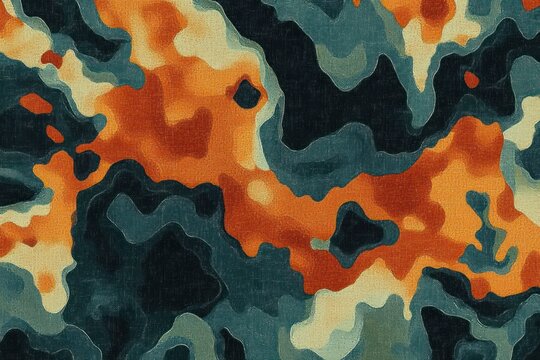 Abstract textile pattern with irregular shapes in dark teal, orange, cream, and black creating a camouflage-like design with textured fabric appearance