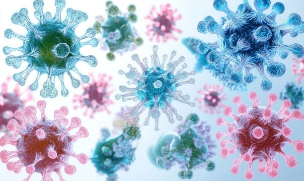 Close-up microscopic view of blue and pink virus particles with detailed spike proteins floating in a light background, illustrating viral infection concepts - Powered by Adobe