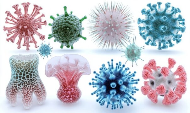 Various colorful microscopic virus and bacteria models with intricate surface structures set against a white background, illustrating diverse pathogen shapes and textures