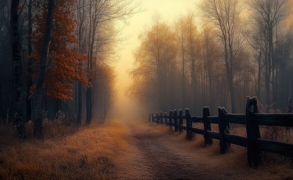Misty forest pathway at dawn with bare trees, wooden fence, autumn leaves, and soft golden light creating a calm and mysterious atmosphere - Powered by Adobe