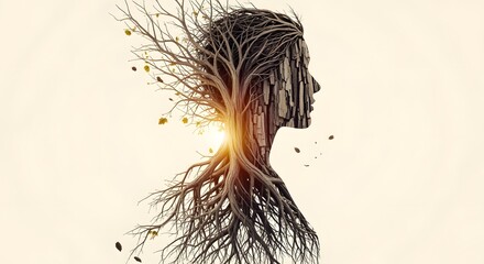 Fototapeta premium Abstract human shape composed of intertwining roots and branches, representing emotional and spiritual growth.