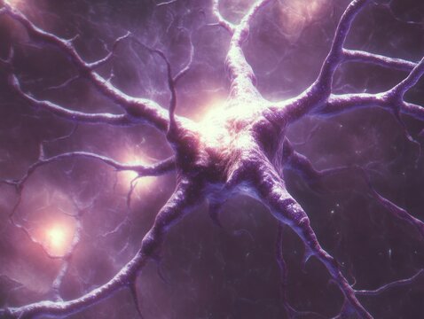 Close-up view of a glowing neuron with branching dendrites and axons in a network, surrounded by soft purple and pink luminescent background