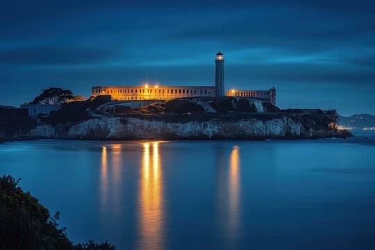 Lighthouse and fortress building illuminated at dusk on rocky island surrounded by calm waters with dark blue sky