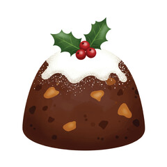 Rich, sweet Christmas pudding, beautifully depicted in a realistic 2D flat illustration style, sits isolated on a bright white background, ready for holiday celebrations.
