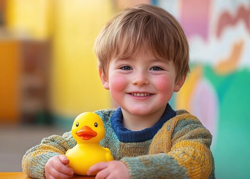Smiling young boy with rosy cheeks holding a yellow rubber duck with colorful background - Powered by Adobe