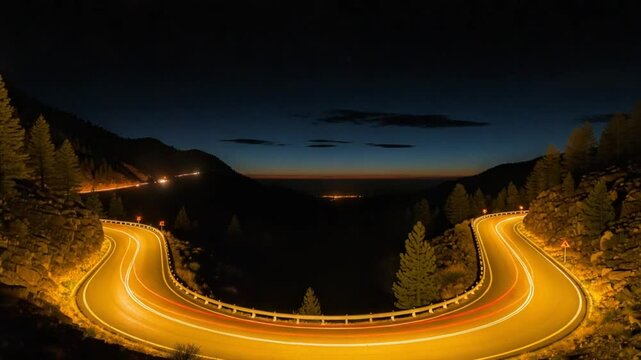 Winding Mountain Road At Dusk With Light Trails And Dark Forest Background