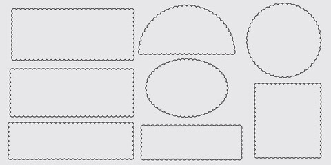 Set of frames with zigzag edge, scallop edge shape. Wavy edge frame, circle shape. zigzag edge shapes vector collection. scallop edge shape. Rectangular, round, circle, oval and square scalloped frame