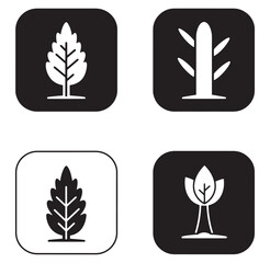 Set of four simple black and white tree illustrations on rounded square backgrounds