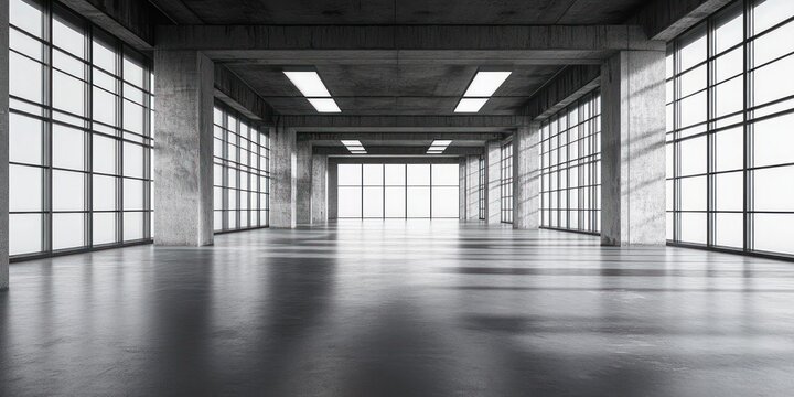 Empty modern industrial interior with large grid windows and polished concrete floor flooded with natural light
